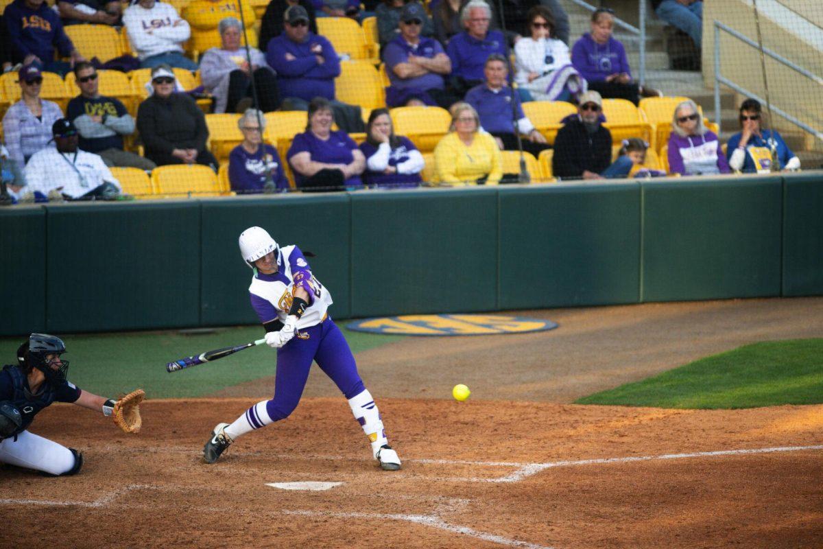 LSU softball fifth year senior pitcher/utility Shelbi Sunseri (27) swings at the ball Saturday, Feb. 12, 2022, during LSU’s 8-1 win against South Alabama at Tiger Park on Skip Bertman Drive in Baton Rouge, La.