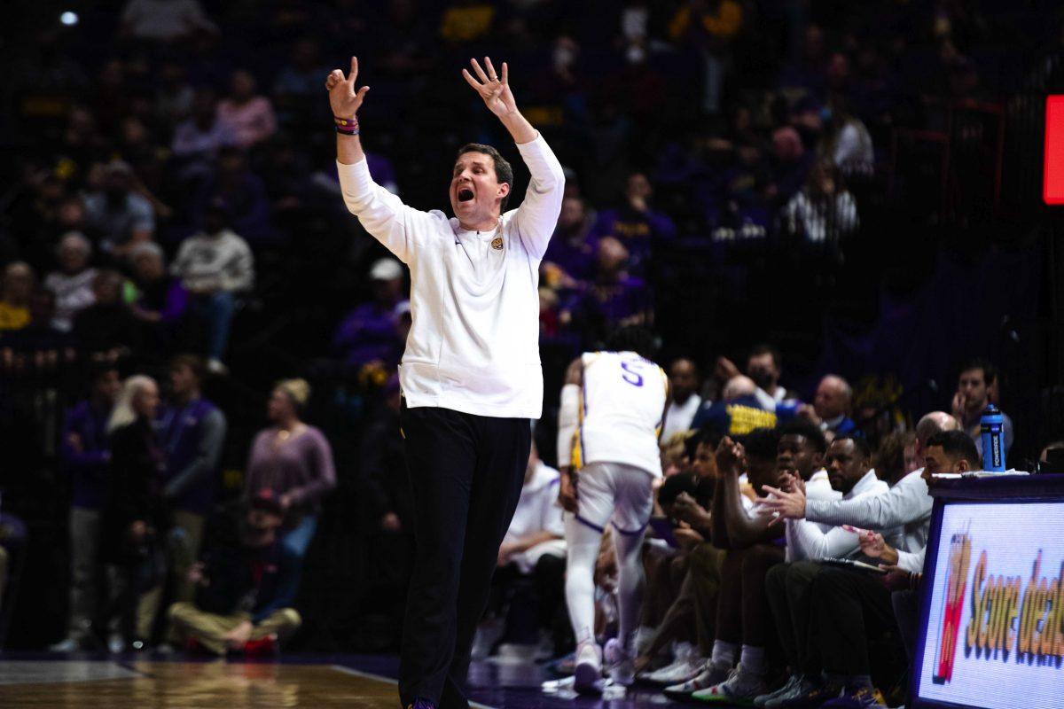 LSU men's basketball head coach Will Wade coaches from the sidelines Tuesday, Feb. 01, 2022, during LSU’s 72-76 loss against Ole Miss in the Pete Maravich Assembly Center on North Stadium Drive in Baton Rouge, La.