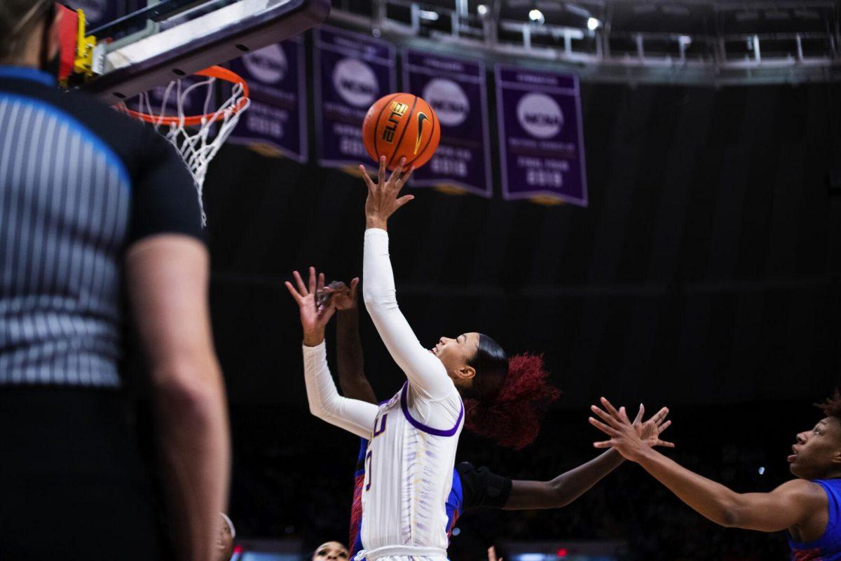 LSU women’s basketball graduate student forward Autumn goes up for a shot Sunday, Feb. 20, 2022, during LSU’s 66-61 win against Florida in the Pete Maravich Assembly Center on North Stadium Drive in Baton Rouge, La.