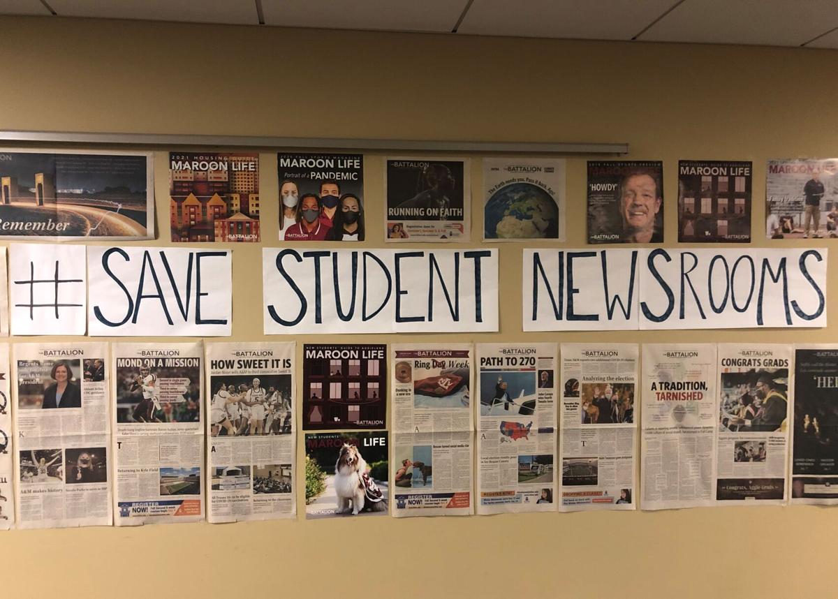 A collage of signs, magazines and newspapers line the walls of The Battalion newsroom, Texas A&amp;M's 129-year-old newspaper, which was ordered to cease printing by administration Thursday, Feb. 10. (The Eagle/Alex Miller)