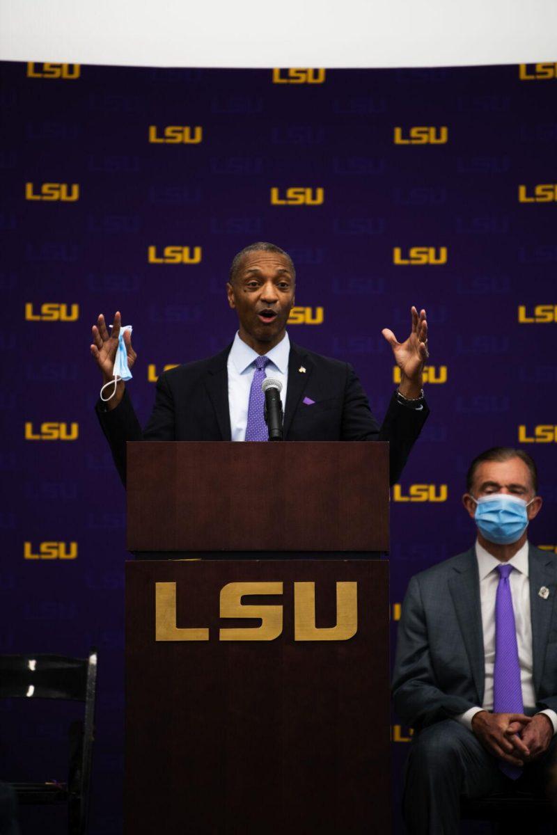 LSU president William F. Tate IV speaks at the Our Lady of the Lake and LCMC Health game-changing investment press conference Friday, Feb. 11, 2022, at the LSU Foundation Center for Philanthropy in Baton Rouge, La.&#160;