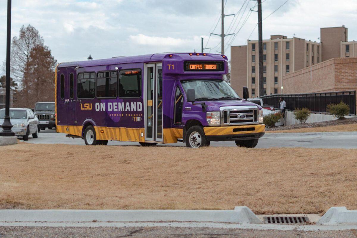 An LSU shuttle sits in the parking lot on Wednesday, Feb. 16, 2022, of Azalea Hall on South Campus Drive in Baton Rouge, La.