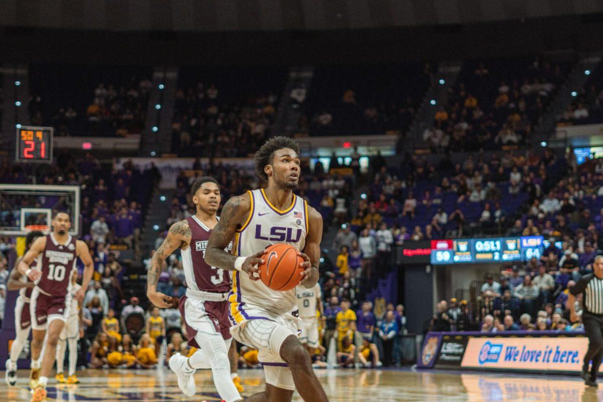 LSU men&#8217;s basketball sophomore forward Tari Eason (13) strides toward the basket on Saturday, Feb. 12, 2022, during LSU&#8217;s 69-65 win over Mississippi State at the Pete Maravich Assembly Center on North Stadium Drive in Baton Rouge, La.