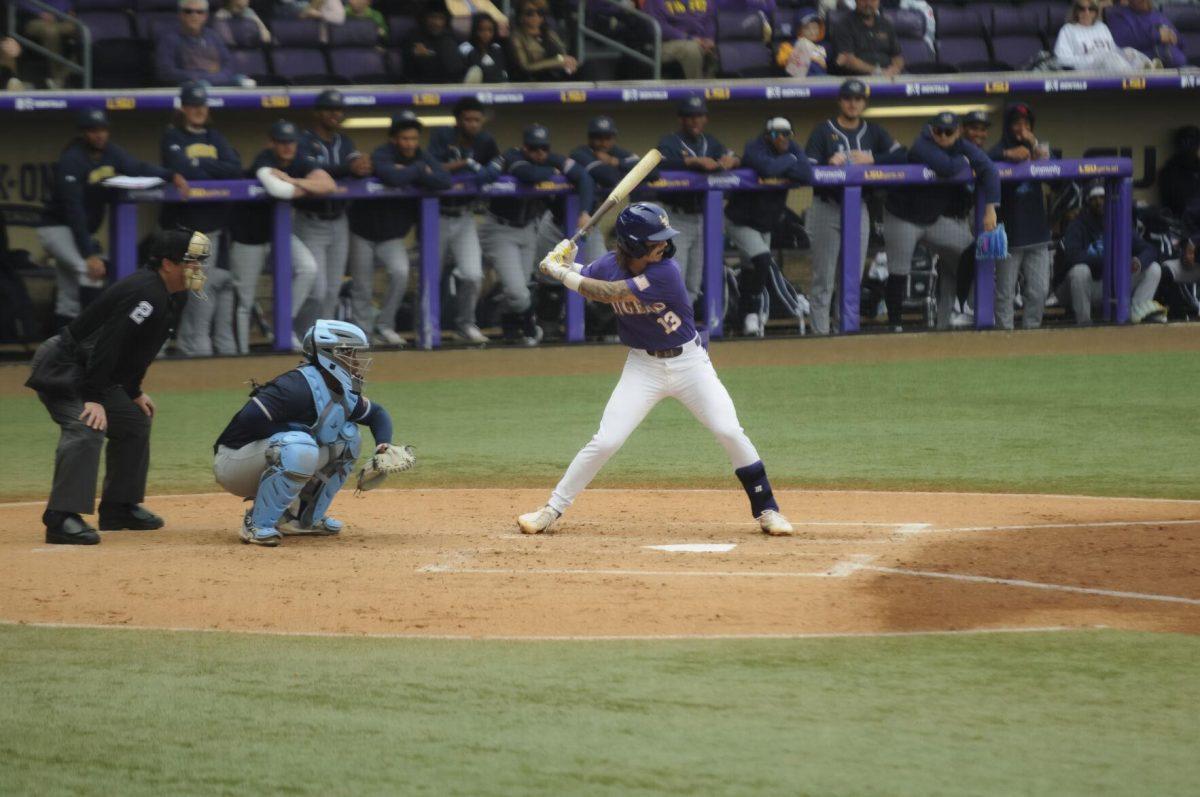 LSU sophomore infielder Jordan Thompson (13) gets ready to swing Saturday, Feb. 26, 2022, during the Tigers' 9-2 win against Southern University at Alex Box Stadium in Baton Rouge, La.