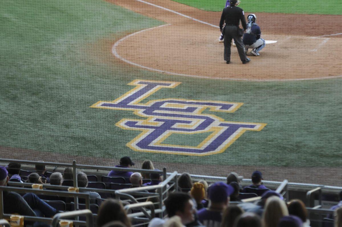 The LSU baseball logo sits behind home plate Saturday, Feb. 26, 2022, during the Tigers' 9-2 win against Southern University at Alex Box Stadium in Baton Rouge, La.