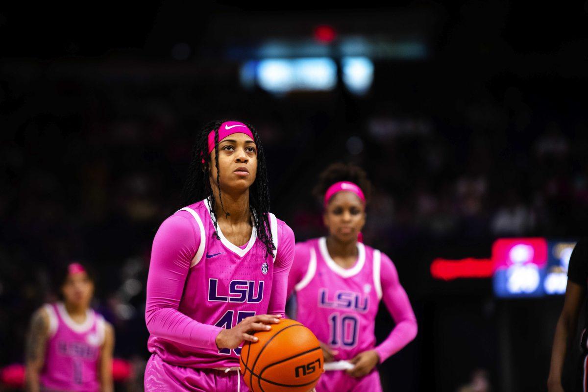 LSU women&#8217;s basketball fifth year senior guard Alexis Morris (45) holds the ball as she prepares to shoot a free throw Thursday, Feb. 10, 2022, during LSU&#8217;s 73-67 win against Georgia in the Pete Maravich Assembly Center on North Stadium Drive in Baton Rouge, La.