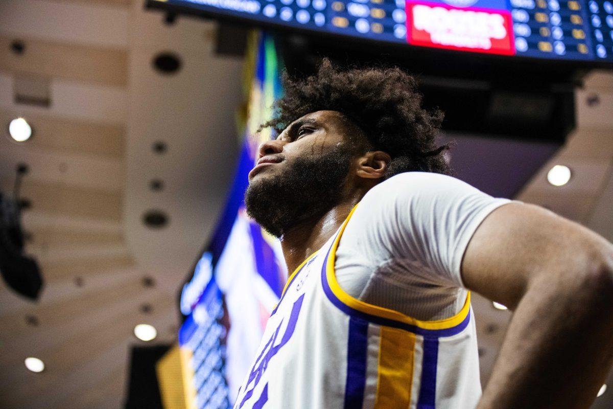 LSU men&#8217;s basketball freshman center Efton Reid (15) looks into the crowd after a bad call Tuesday, Jan. 04, 2022, during LSU&#8217;s 56-50 win against Kentucky in the Pete Maravich Assembly Center on North Stadium Drive in Baton Rouge, La.