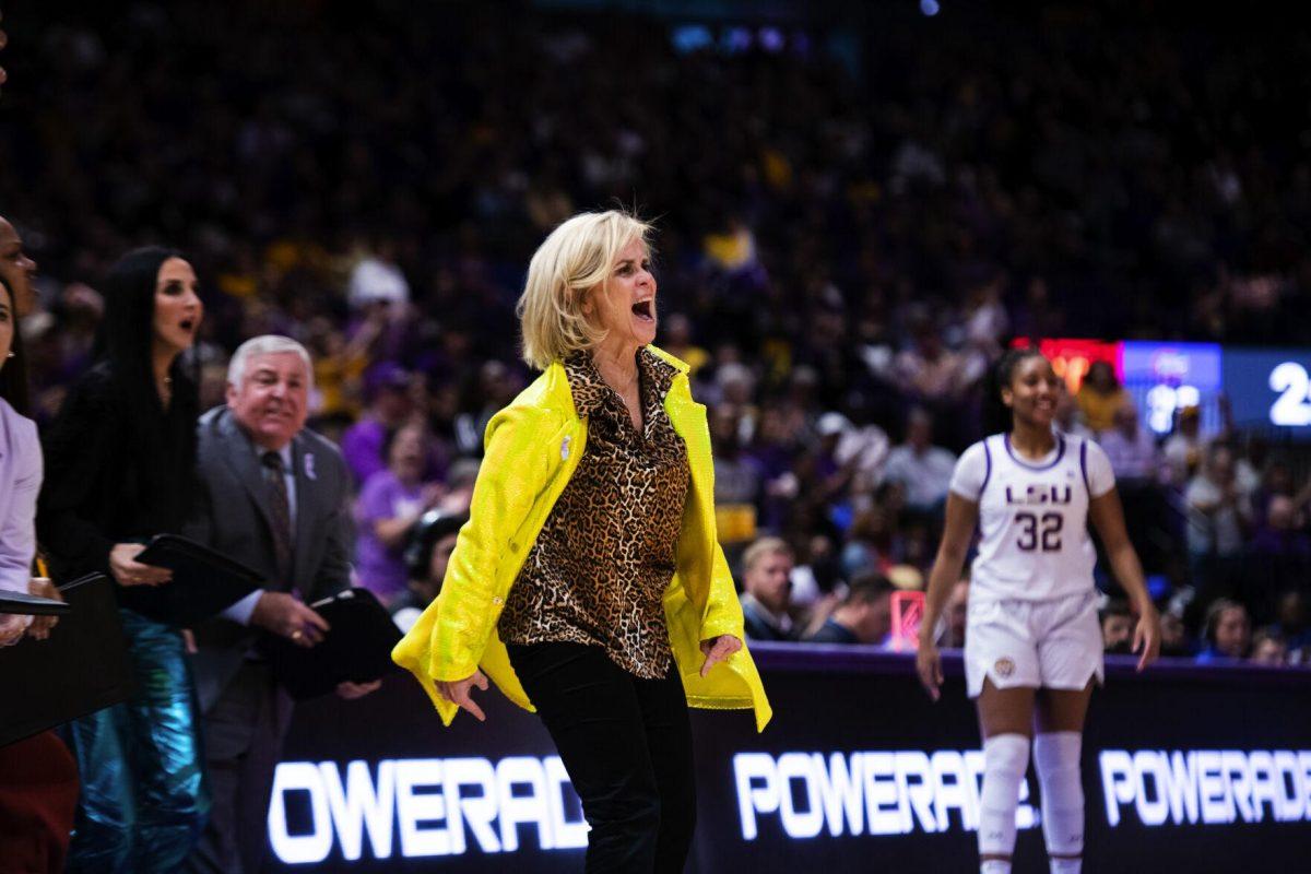 LSU women’s basketball head coach Kim Mulkey screams in excitement after an and-one play Sunday, Feb. 20, 2022, during LSU’s 66-61 win against Florida in the Pete Maravich Assembly Center on North Stadium Drive in Baton Rouge, La.