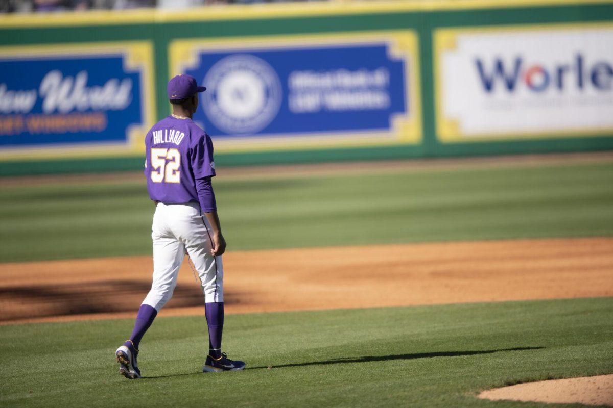 LSU senior pitcher Ma'Khail Hiliard (52) walks to the mound Saturday, Feb. 19, 2022, during the Tigers' 17-8 win against the University of Maine at Alex Box Stadium in Baton Rouge, La.