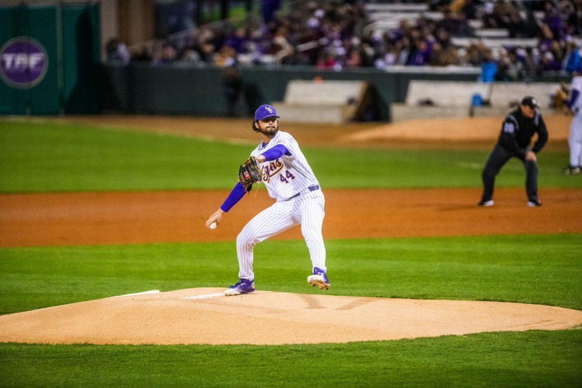 LSU baseball sophomore right-handed pitcher Blake Money (44) pitches the ball Friday, Feb. 18, 2022 during LSU's 13-1 win against Maine at Alex Box Stadium on Gourrier Avenue in Baton Rouge, La.