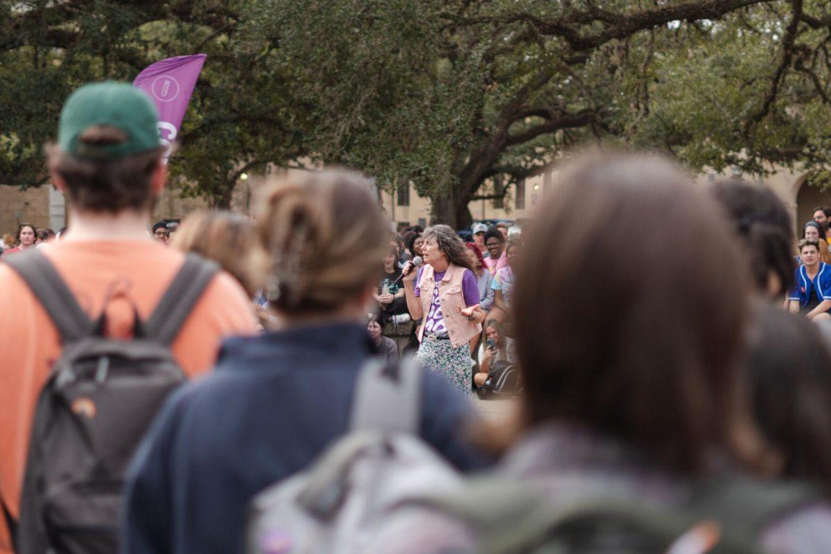 Sister Cindy speaks on Monday, Feb. 21, 2022, in Free Speech Plaza on LSU&#8217;s Campus in Baton Rouge, La.