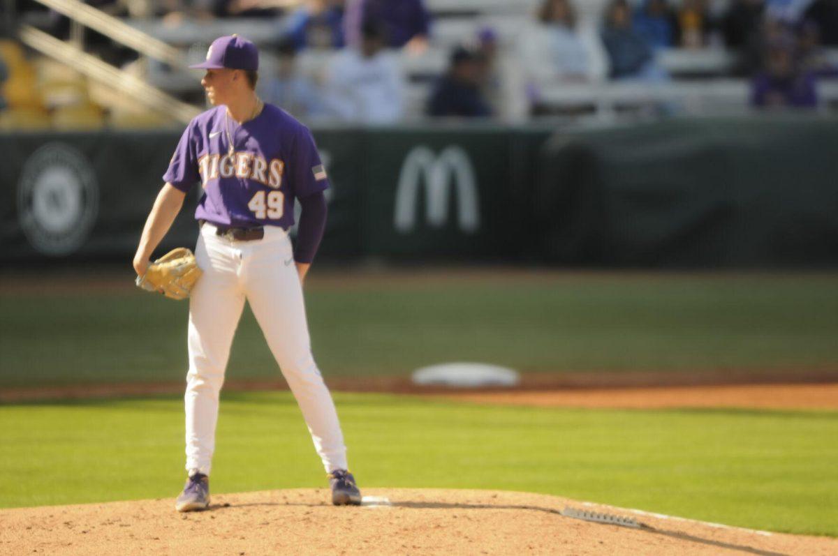 LSU sophomore pitcher Javen Coleman (49) pitches on the mound Saturday, Feb. 26, 2022, during the Tigers' 9-2 win against Southern University at Alex Box Stadium in Baton Rouge, La.