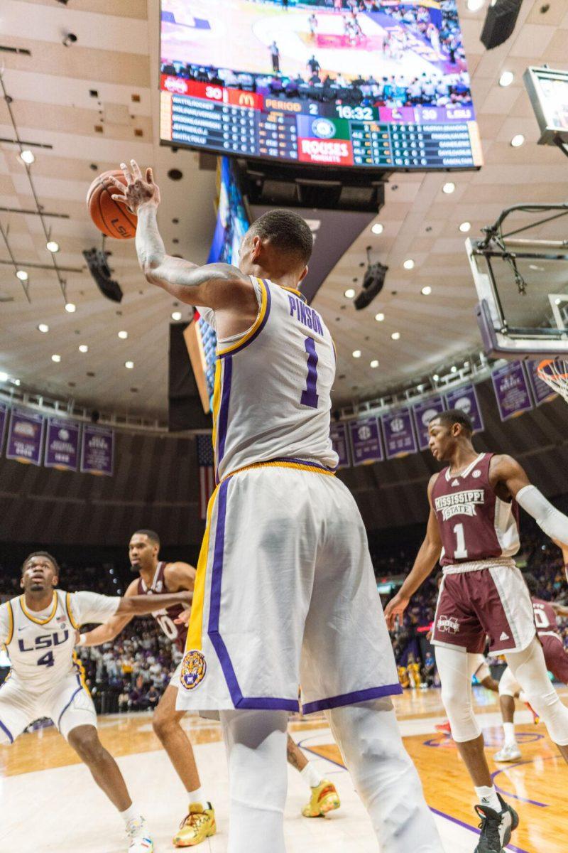 LSU men&#8217;s basketball senior guard Xavier Pinson (1) passes the ball into play on Saturday, Feb. 12, 2022, during LSU&#8217;s 69-65 win over Mississippi State in the Pete Maravich Assembly Center on North Stadium Drive in Baton Rouge, La.