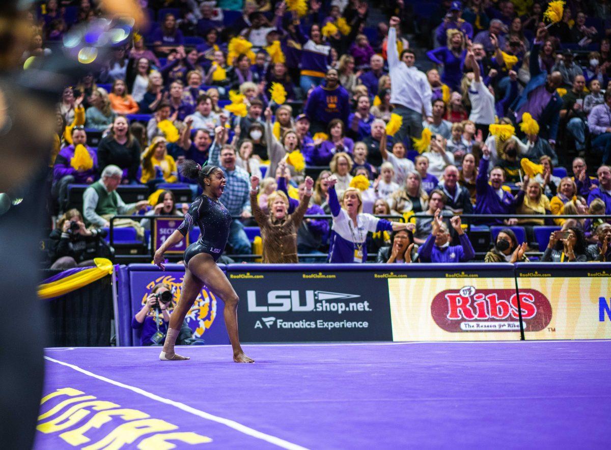 LSU gymnastics junior all-around Kiya Johnson performs a perfect 10.00 floor routine Saturday, Feb. 5, 2022 during LSU's 197.975-197.750 win over Auburn in the Pete Maravich Assembly Center on N. Stadium Drive in Baton Rouge, La.