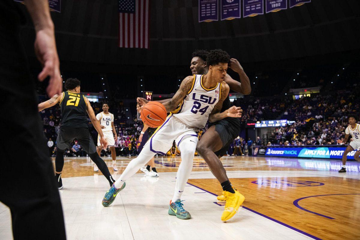 LSU men&#8217;s basketball junior forward Shareef O&#8217;Neal (24) works a Missouri defender towards the hoop Saturday, Feb. 26, 2022, during LSU&#8217;s 75-55 win against Missouri in the Pete Maravich Assembly Center on North Stadium Drive in Baton Rouge, La.