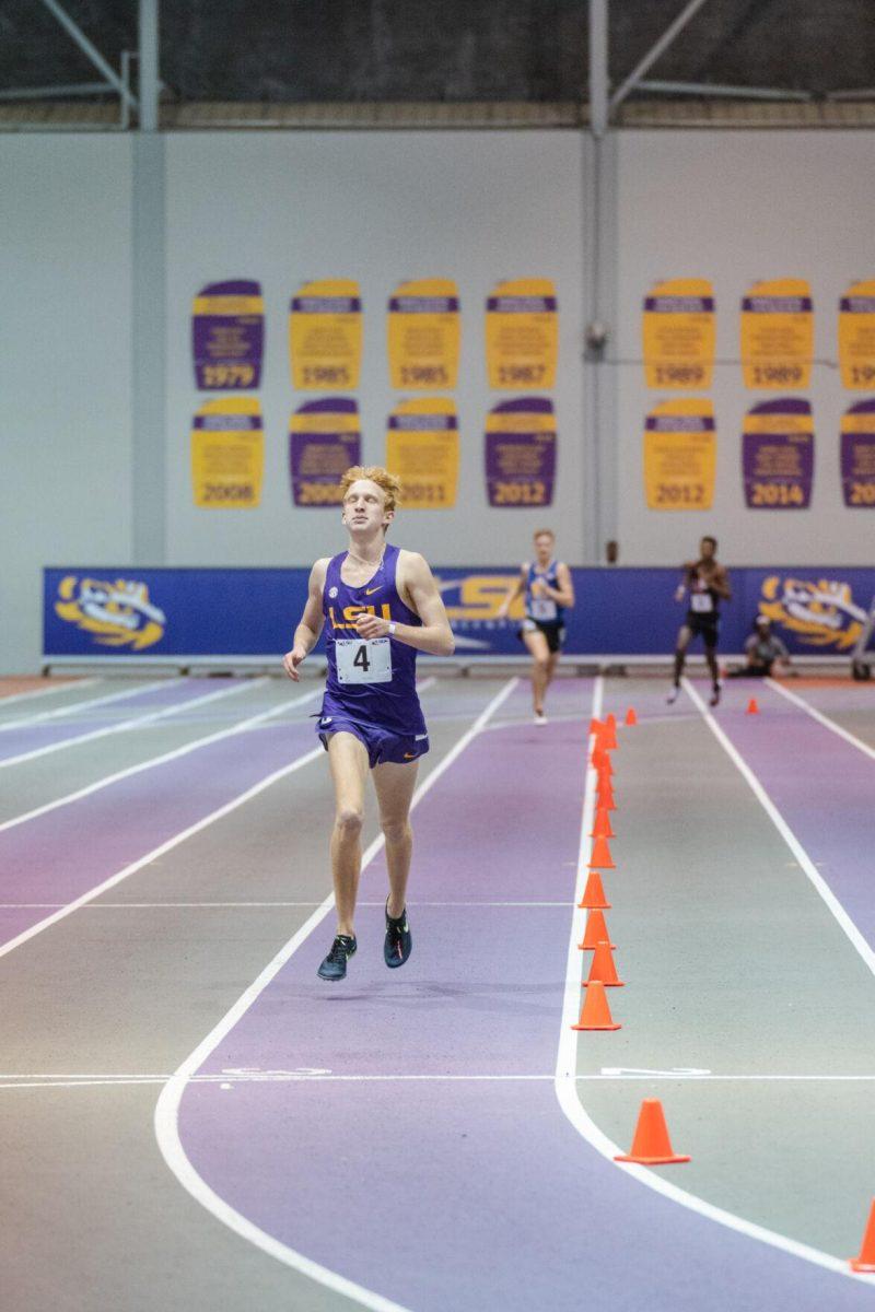 LSU track and field freshman Jack Wallace finishes first in his heat on Friday, Feb. 4, 2022, during the Bayou Bengal indoor track meet at the Carl Maddox Field House on Nicholson Drive in Baton Rouge, La.