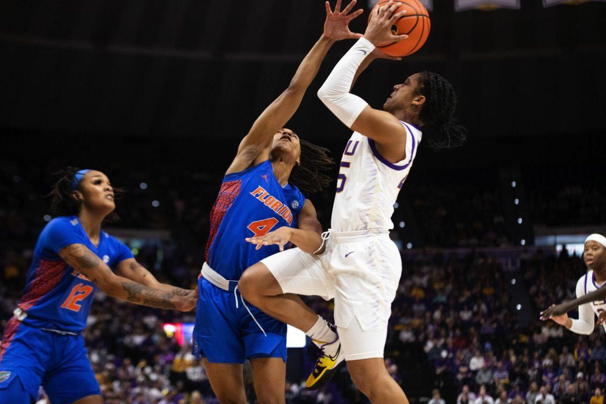 LSU women’s basketball fifth year senior guard Alexis Morris (45) goes up for a shot Sunday, Feb. 20, 2022, during LSU’s 66-61 win against Florida in the Pete Maravich Assembly Center on North Stadium Drive in Baton Rouge, La.