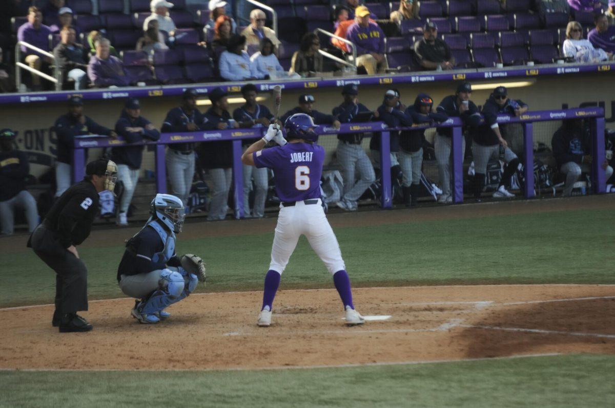 LSU sophomore outfielder Brayden Jobert (6) gets ready to swing Saturday, Feb. 26, 2022, during the Tigers' 9-2 win against Southern University at Alex Box Stadium in Baton Rouge, La.