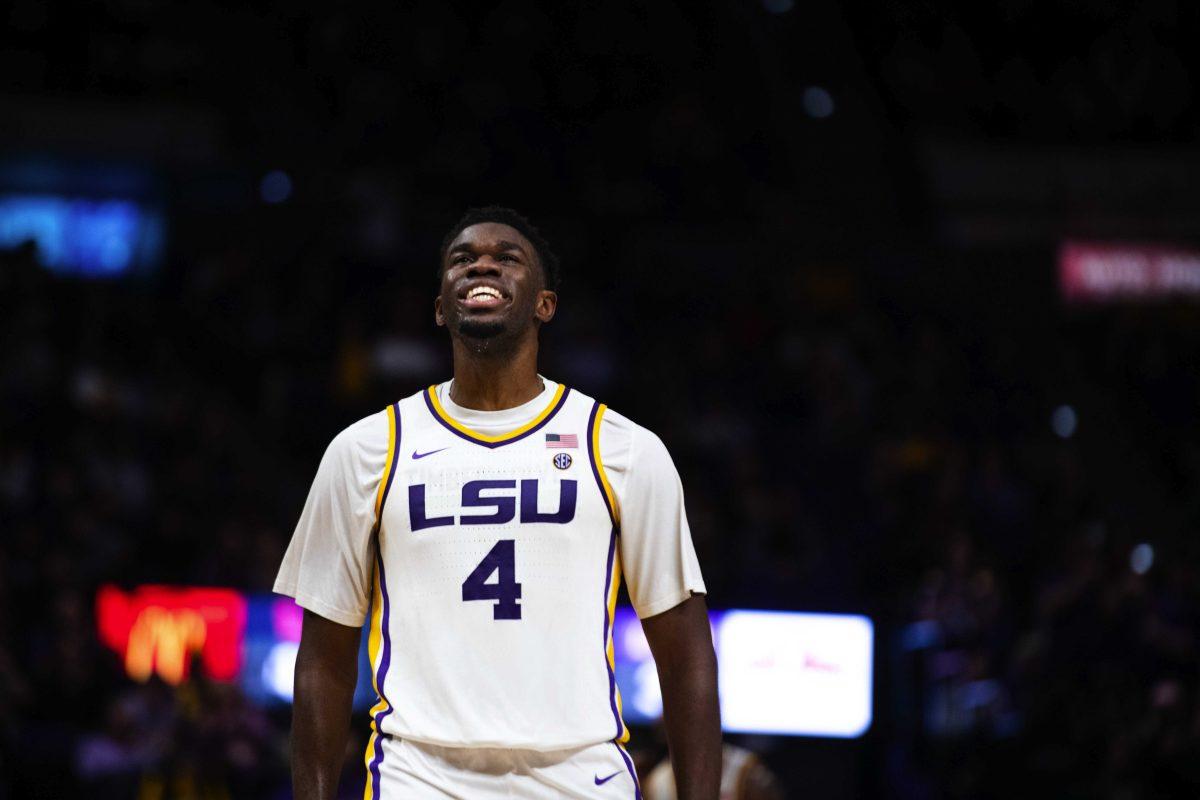 LSU men&#8217;s basketball senior forward Darius Days (4) smiles Tuesday, Feb. 01, 2022, during LSU&#8217;s 72-76 loss against Ole Miss in the Pete Maravich Assembly Center on North Stadium Drive in Baton Rouge, La