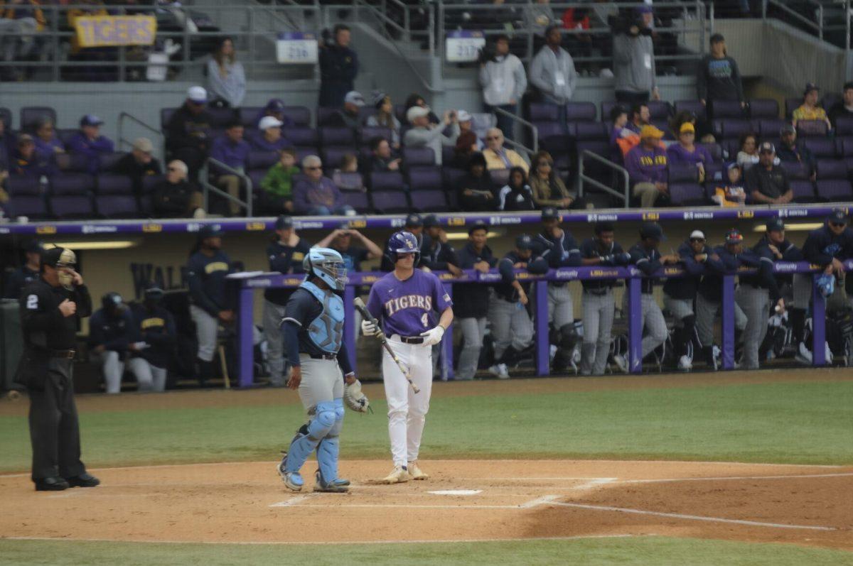 LSU sophomore infielder Cade Doughty (4) walks up to bat Saturday, Feb. 26, 2022, during the Tigers' 9-2 win against Southern University at Alex Box Stadium in Baton Rouge, La.