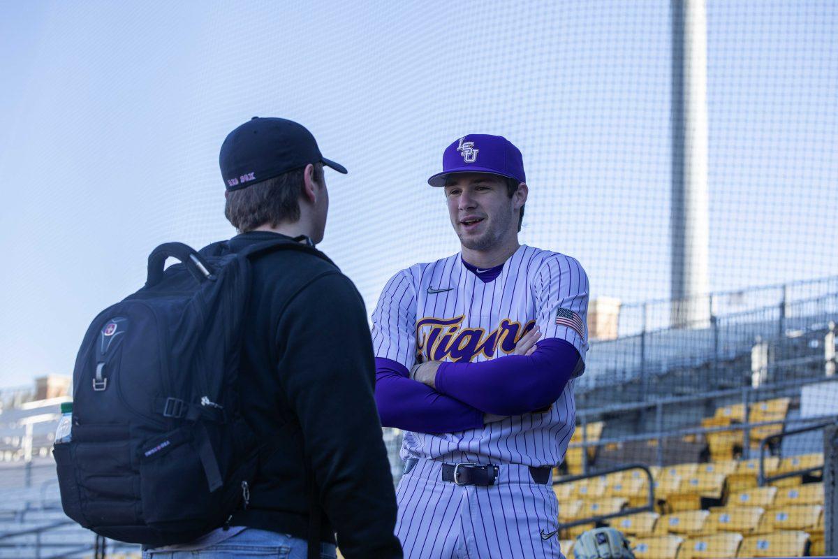 LSU baseball sophomore right-handed pitcher Will Hellmers (48) answers questions before practice Friday, Jan. 28, 2022, in Alex Box Stadium on Gourrier Avenue in Baton Rouge.