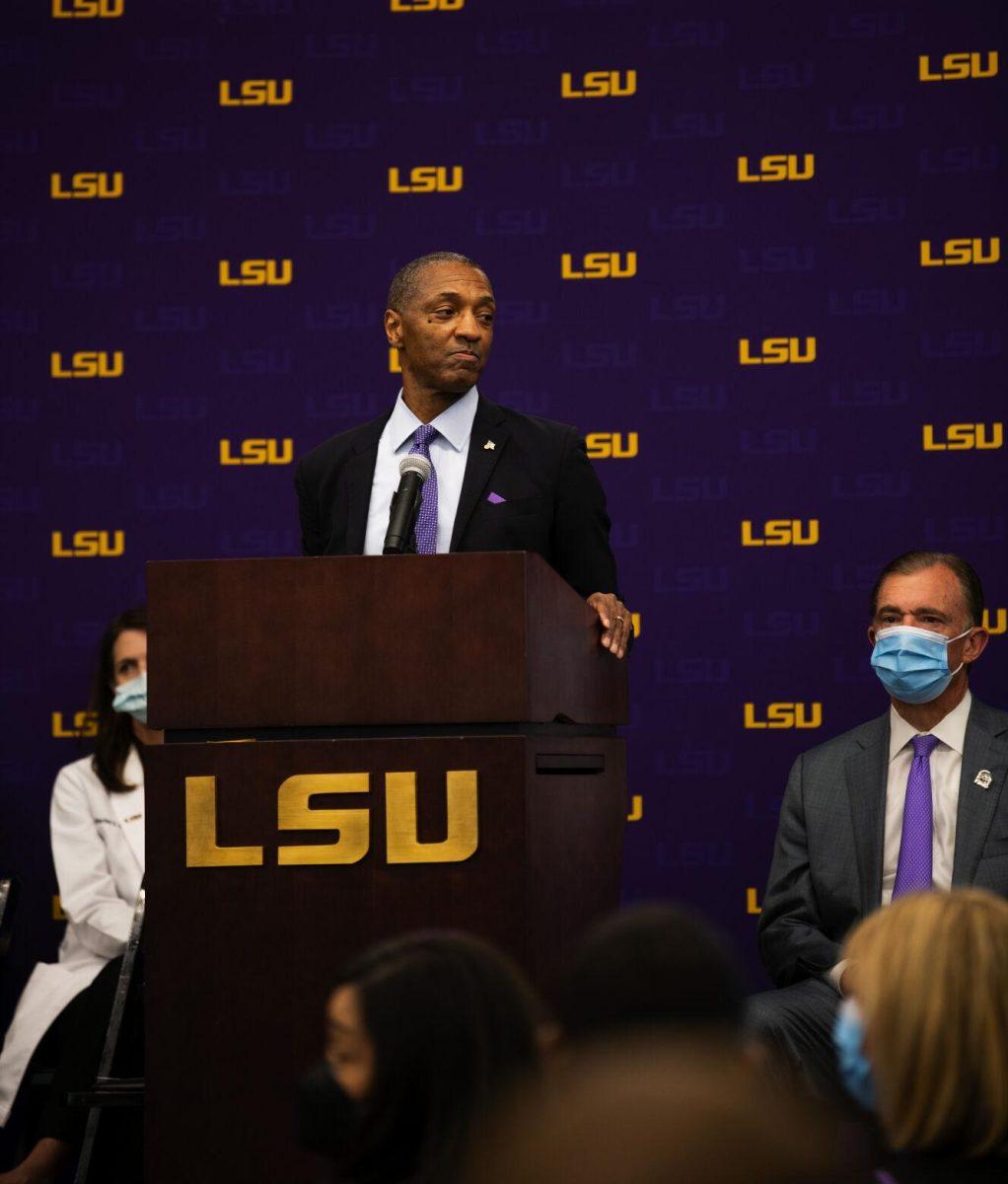 LSU president William F. Tate IV speaks at the Our Lady of the Lake and LCMC Health game-changing investment press conference Friday, Feb. 11, 2022, at the LSU Foundation Center for Philanthropy in Baton Rouge, La.