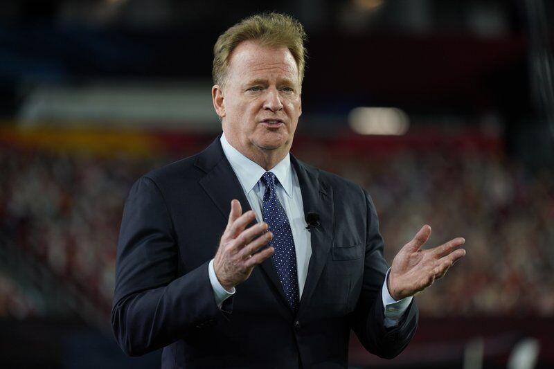 FILE - Commissioner Roger Goodell gestures during the NFL Honors ceremony as part of Super Bowl 55 in Tampa, Fla., in this Friday, Feb. 5, 2021, file photo. The NFL is increasing the regular season to 17 games, as expected, and reducing the preseason to three games. Team owners on Tuesday, March 30, 2021, approved the 17th game, marking the first time in 43 years the regular season has been increased.(AP Photo/Charlie Riedel, File)