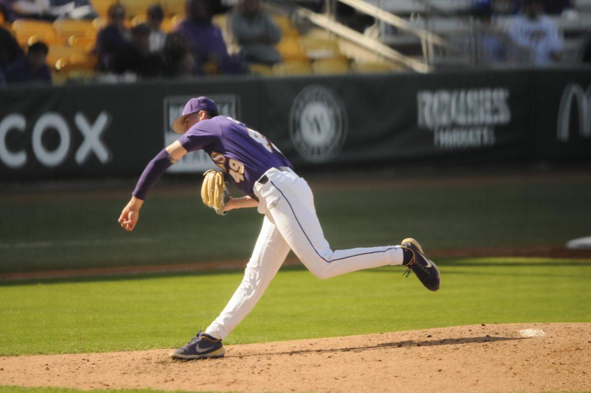 LSU sophomore pitcher Javen Coleman (49) pitches on the mound Saturday, Feb. 26, 2022, during the Tigers' 9-2 win against Southern University at Alex Box Stadium in Baton Rouge, La.