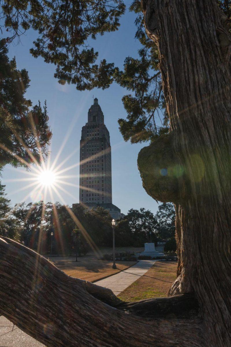 Tree branches frame the State Capitol on Sunday, Feb. 6, 2022, at 900 North Third Street in Baton Rouge, La.