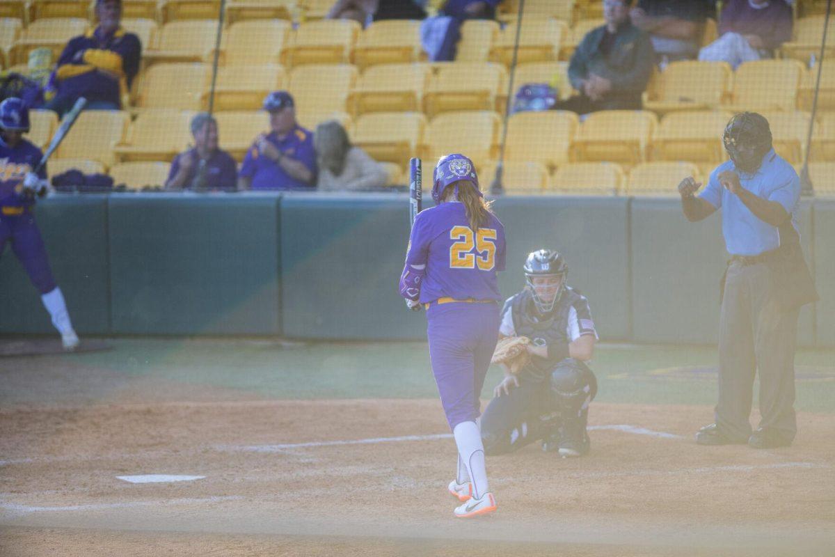 LSU softball redshirt junior infielder Georgia Clark (25) goes up to bat Friday, Feb. 11, 2022, during the Tigers' 3-0 win against South Alabama at Tiger Park in Baton Rouge, La.