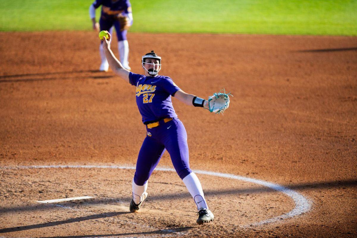 LSU softball 5th-year Senior pitcher/utility Shelbi Sunseri (27) pitches Friday, Feb. 11, 2022, during the Tigers' 3-0 win against South Alabama at Tiger Park in Baton Rouge, La.