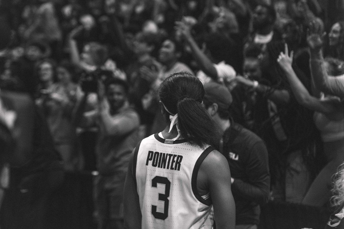 LSU women&#8217;s basketball graduate student guard Khayla Pointer (3) looks to the crowd as they celebrate the LSU victory Thursday, Dec. 02, 2021, after LSU&#8217;s 69-60 win against Iowa State in the Pete Maravich Assembly Center on North Stadium Drive in Baton Rouge, La.