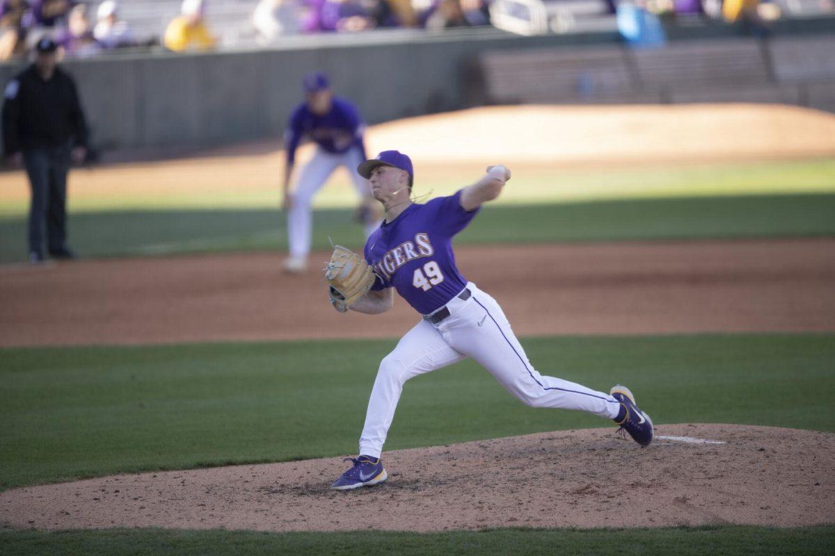 LSU sophomore pitcher Javen Coleman (49) pitches on the mound Saturday, Feb. 19, 2022, during the Tigers' 17-8 win against the University of Maine at Alex Box Stadium in Baton Rouge, La.