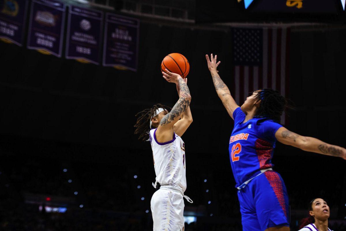 LSU women’s basketball graduate student guard Jailin Cherry (1) prepares to release a jump shot Sunday, Feb. 20, 2022, during LSU’s 66-61 win against Florida in the Pete Maravich Assembly Center on North Stadium Drive in Baton Rouge, La.