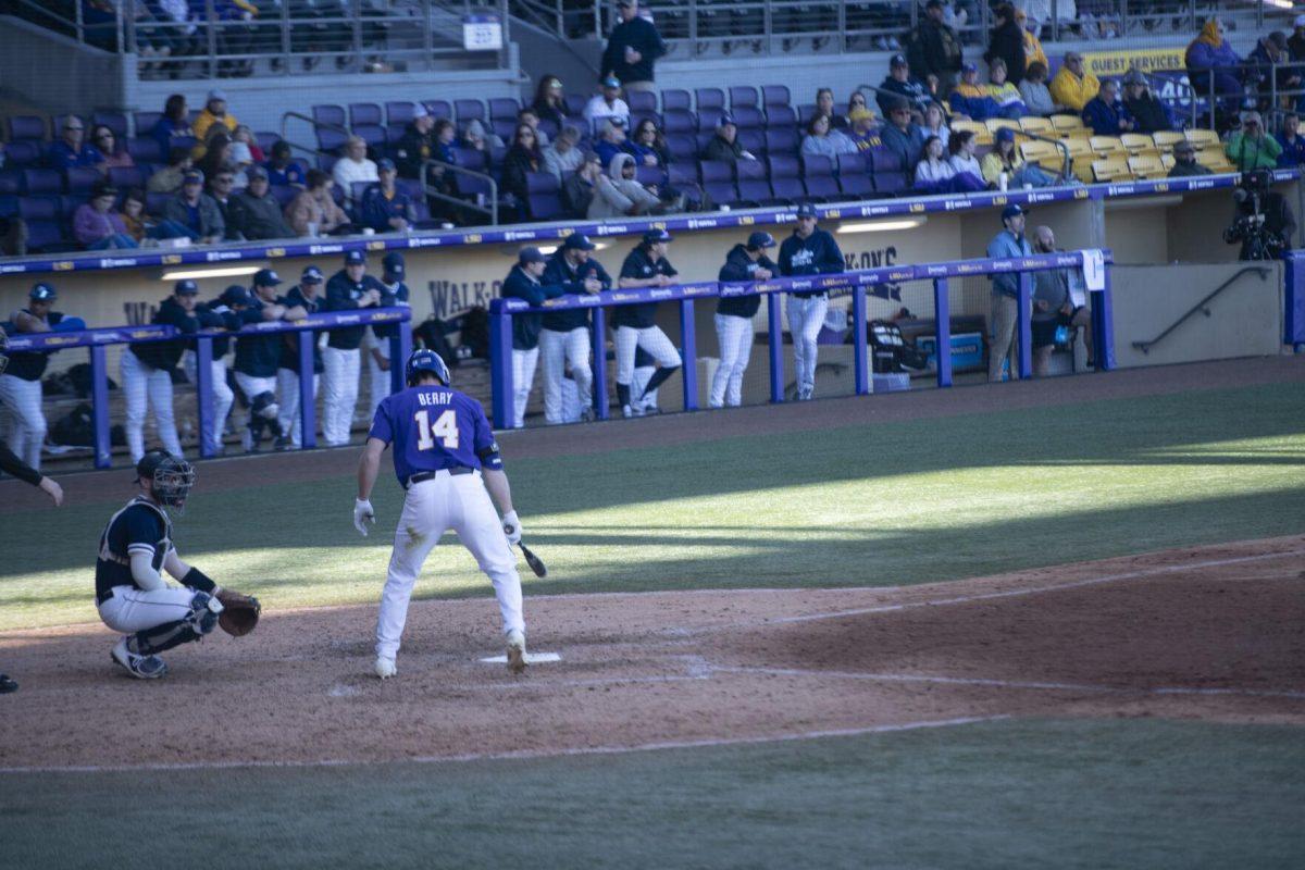 LSU sophomore infielder Jacob Berry (14) gets ready to bat Saturday, Feb. 19, 2022, during the Tigers' 17-8 win against the University of Maine at Alex Box Stadium in Baton Rouge, La.