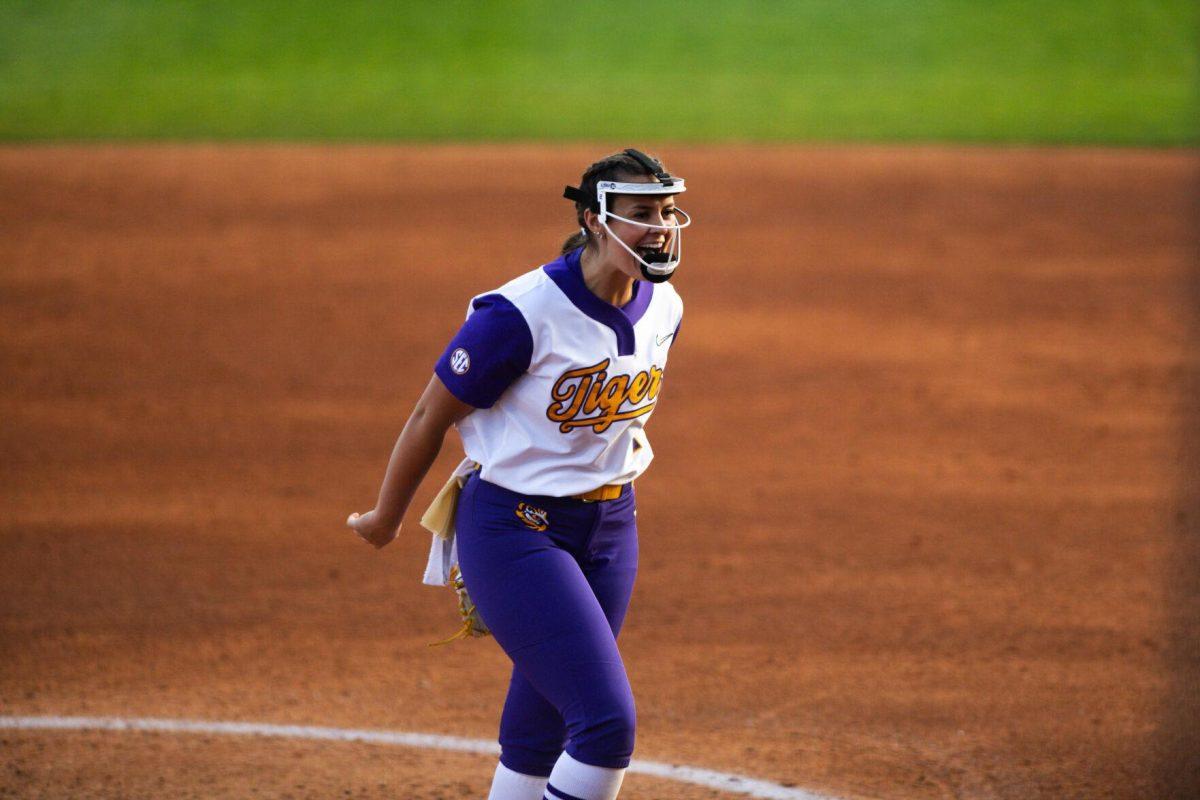LSU softball redshirt junior pitcher Ali Kilponen (2) celebrates after getting the strikeout Saturday, Feb. 12, 2022, during LSU’s 8-1 win against South Alabama at Tiger Park on Skip Bertman Drive in Baton Rouge, La.