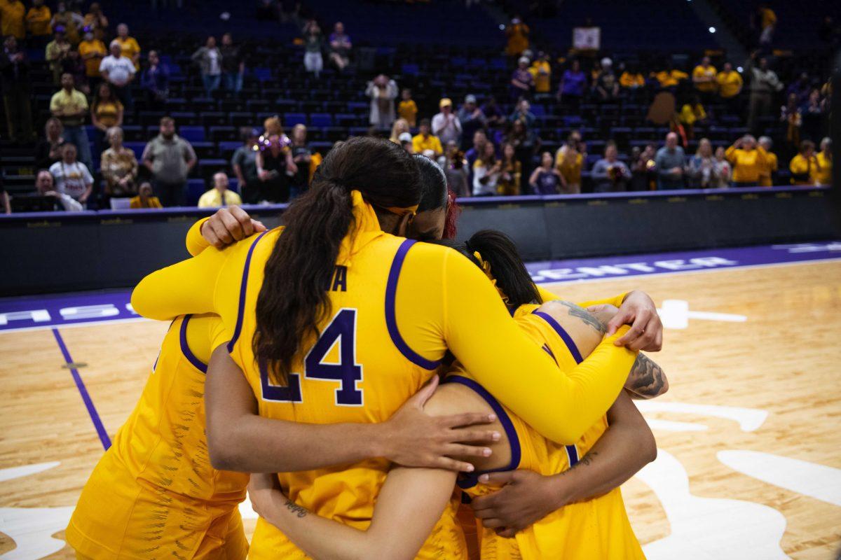 LSU women&#8217;s basketball graduate student guard Jailin Cherry (1), graduate student guard Khayla Pointer (3), graduate student center Faustine Aifuwa (24), fifth year senior guard and forward Awa Trasi (32), and graduate student forward Autumn Newby (0) Thursday, Feb. 24, 2022, after LSU&#8217;s Senior Night 58-50 win against Alabama in the Pete Maravich Assembly Center on North Stadium Drive in Baton Rouge, La.