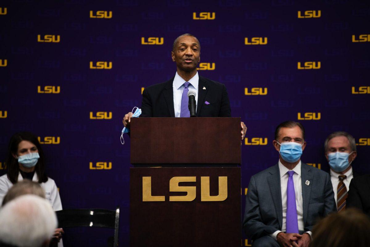 LSU president William F. Tate IV speaks at the Our Lady of the Lake and LCMC Health game-changing investment press conference Friday, Feb. 11, 2022, at the LSU Foundation Center for Philanthropy in Baton Rouge, La.&#160;