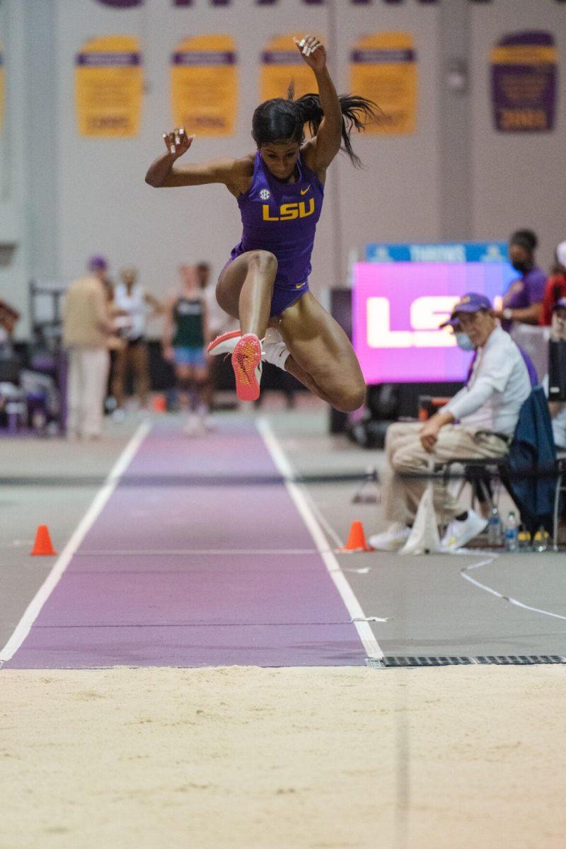 LSU track and field sophomore Serena Bolden leaps through the air on Friday, Feb. 4, 2022, during the Bayou Bengal indoor track meet at the Carl Maddox Field House on Nicholson Drive in Baton Rouge, La.