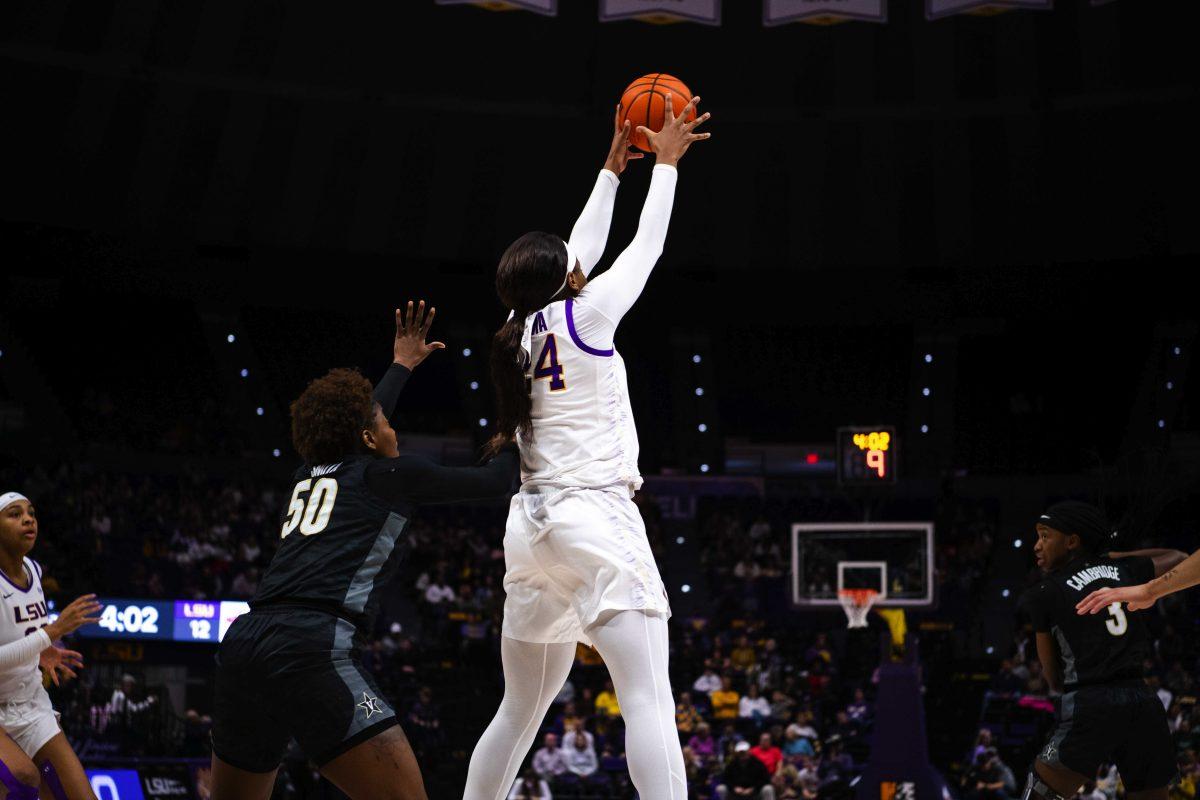 LSU women&#8217;s basketball graduate student center Faustine Aifuwa (24) catches a pass Sunday, Jan. 16, 2022, during LSU&#8217;s 82-64 win against Vanderbilt in the Pete Maravich Assembly Center on North Stadium Drive in Baton Rouge, La.