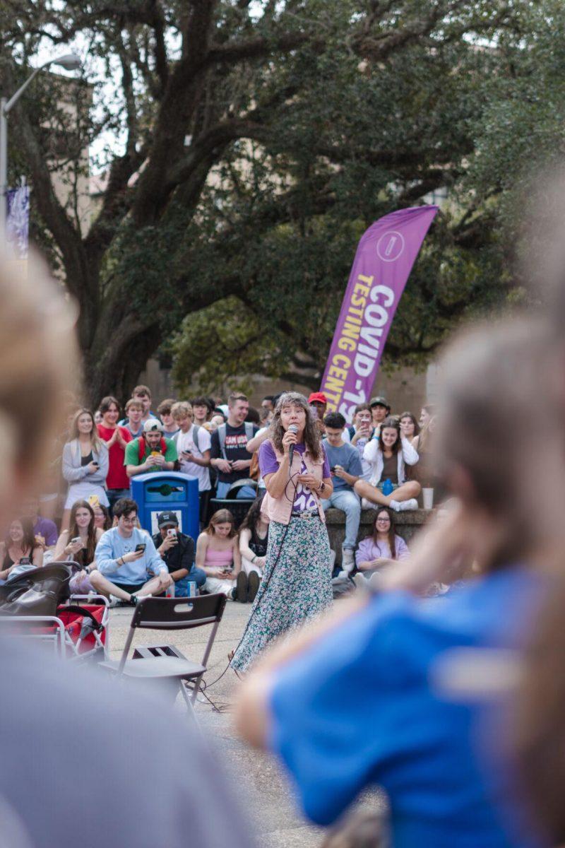 Sister Cindy speaks on Monday, Feb. 21, 2022, in Free Speech Plaza on LSU&#8217;s Campus in Baton Rouge, La.