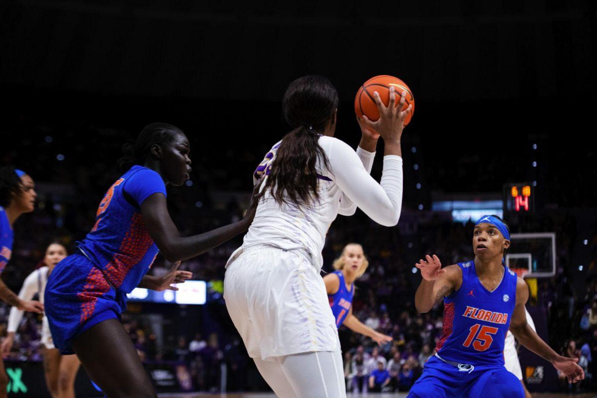 LSU women’s basketball graduate student center Faustine Aifuwa (24) holds the ball Sunday, Feb. 20, 2022, during LSU’s 66-61 win against Florida in the Pete Maravich Assembly Center on North Stadium Drive in Baton Rouge, La.