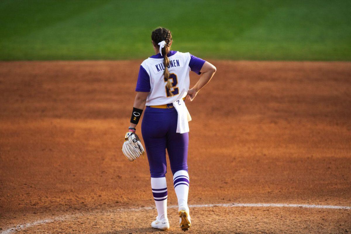 LSU softball redshirt junior pitcher Ali Kilponen (2) walks around before the start of the inning Saturday, Feb. 12, 2022, during LSU’s 8-1 win against South Alabama at Tiger Park on Skip Bertman Drive in Baton Rouge, La.