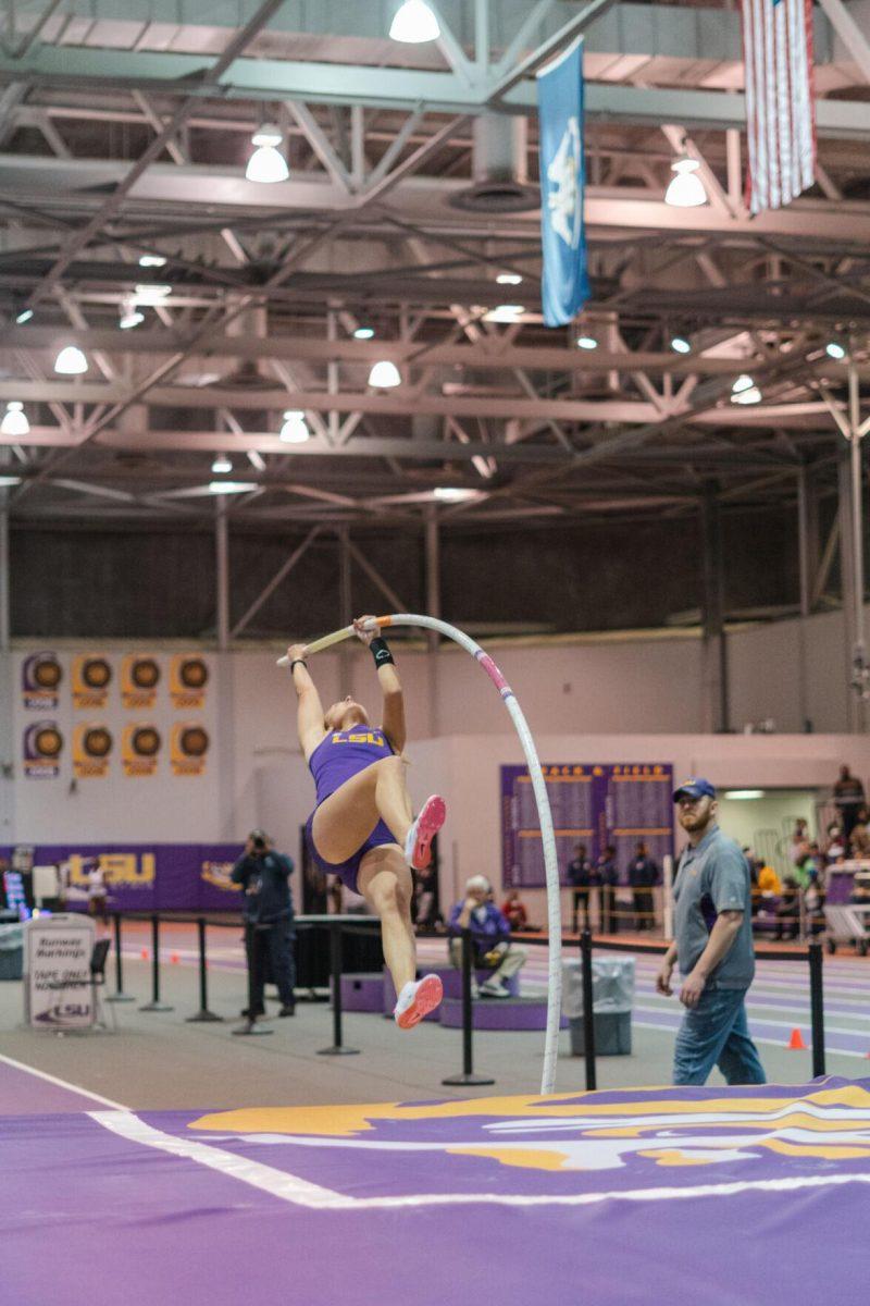 LSU track and field fifth-year senior Lisa Gunnarsson begins her ascent on Friday, Feb. 4, 2022, during the Bayou Bengal indoor track meet at the Carl Maddox Field House on Nicholson Drive in Baton Rouge, La.