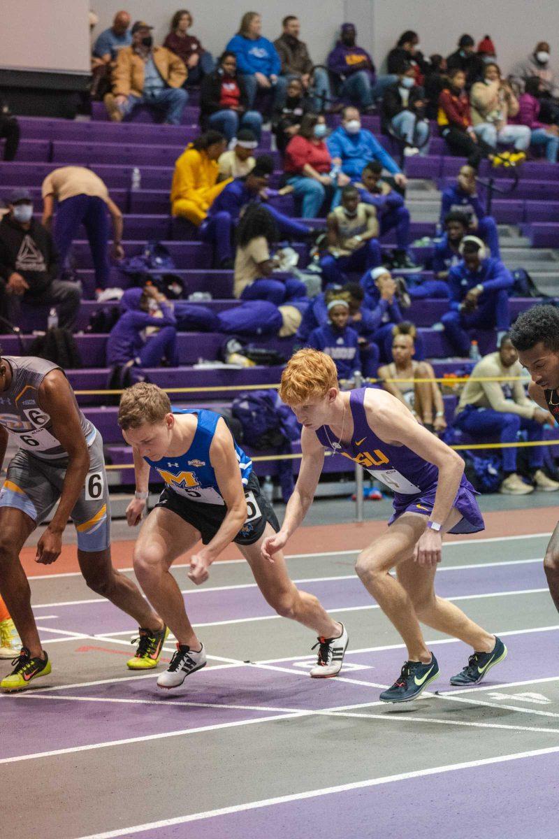 LSU track and field freshman Jack Wallace starts the 800 meters on Friday, Feb. 4, 2022, during the Bayou Bengal indoor track meet at the Carl Maddox Field House on Nicholson Drive in Baton Rouge, La.