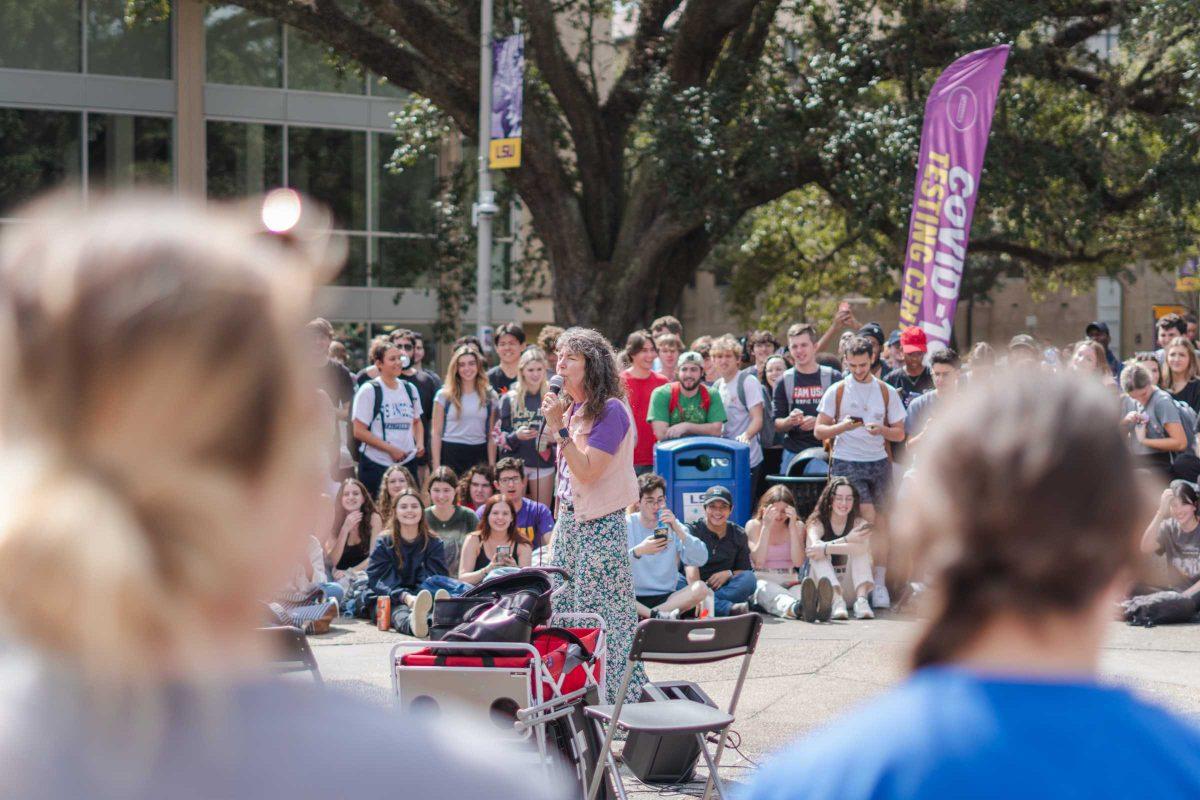 <p>Sister Cindy starts her speech on Monday, Feb. 21, 2022, in Free Speech Plaza on LSU’s Campus in Baton Rouge, La.</p>