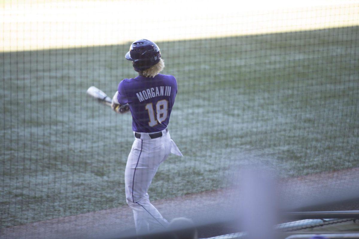 LSU sophomore first basemen Tre' Moragn (18) gets ready to bat Saturday, Feb. 19, 2022, during the Tigers' 17-8 win against the University of Maine at Alex Box Stadium in Baton Rouge, La.