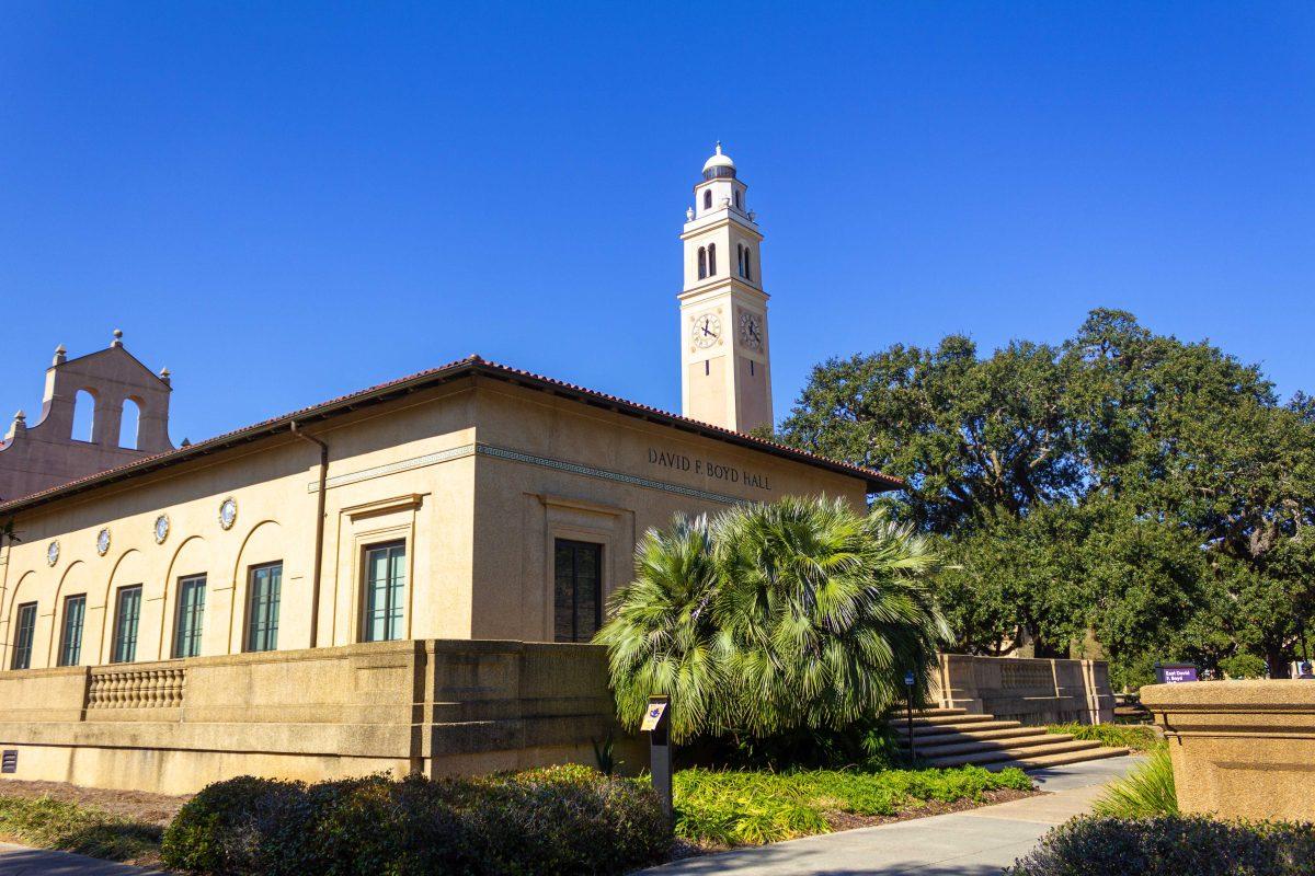 Memorial Tower sits behind David Boyd Hall Friday, Jan. 28, 2022, on LSU's campus.