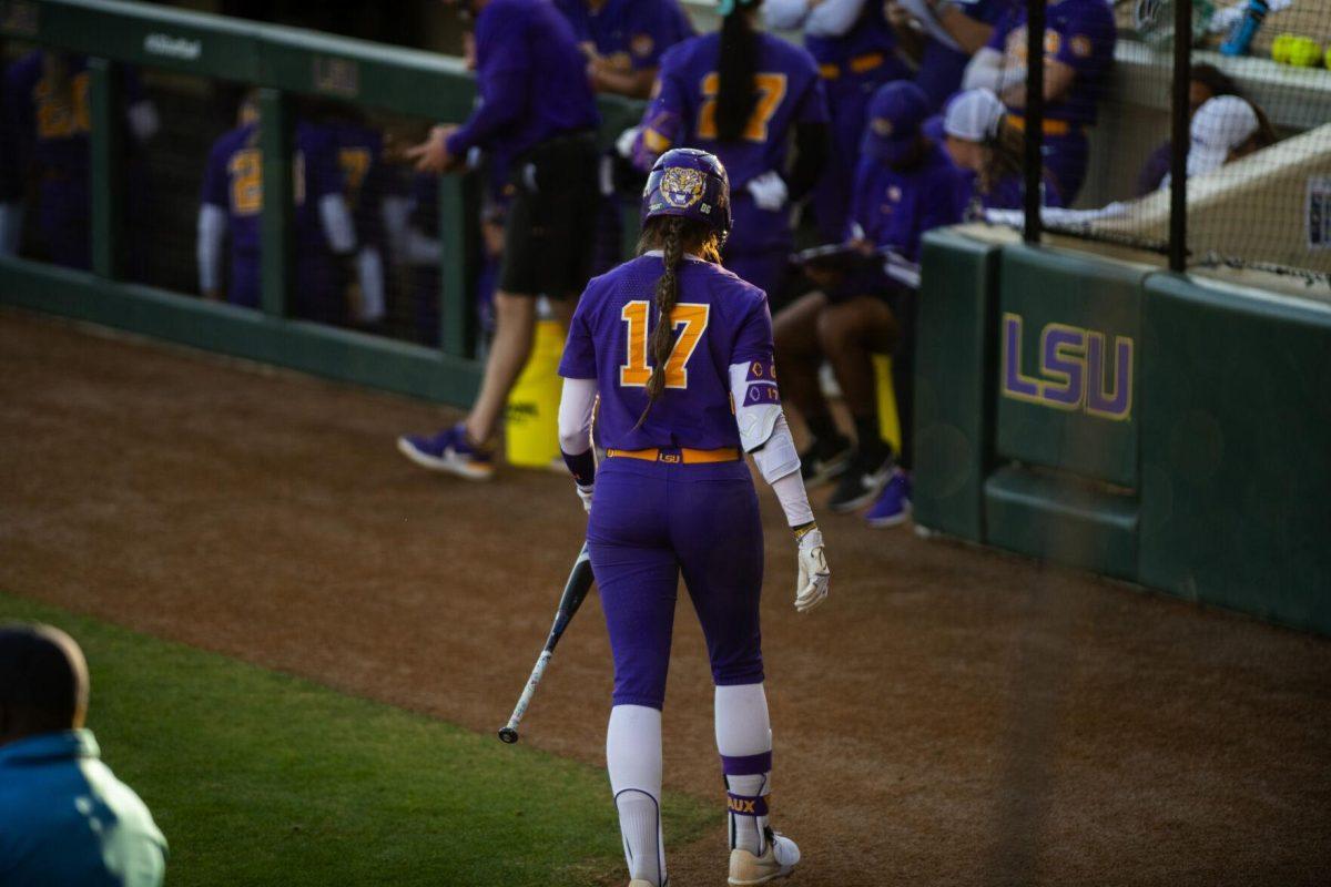 LSU softball redshirt sophomore infielder Taylor Pleasants (17) walks back to the dugout Friday, Feb. 11, 2022, during the Tigers' 3-0 win against South Alabama at Tiger Park in Baton Rouge, La.