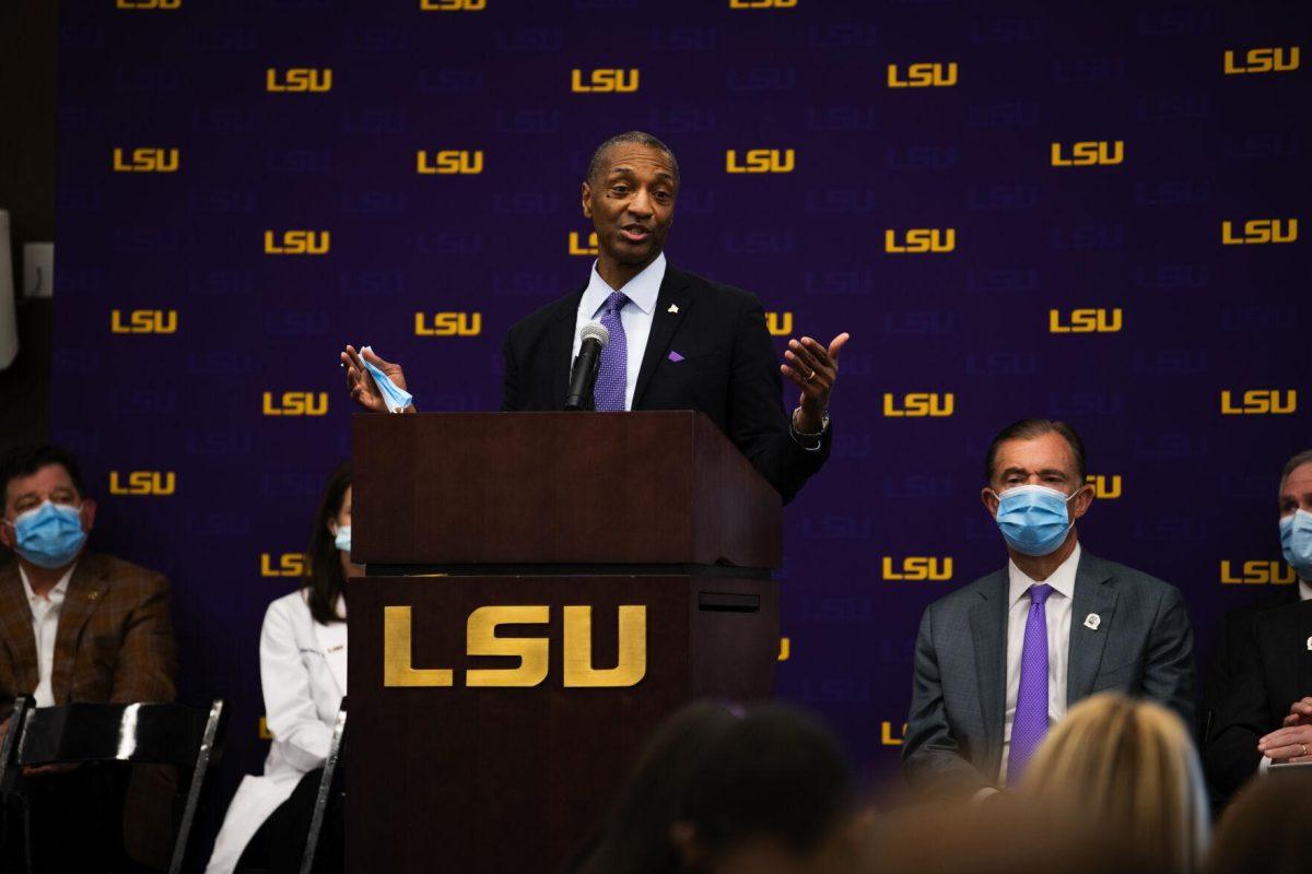 LSU president William F. Tate IV speaks at the Our Lady of the Lake and LCMC Health investment press conference Friday, Feb. 11, 2022, at the LSU Foundation Center for Philanthropy in Baton Rouge, La.